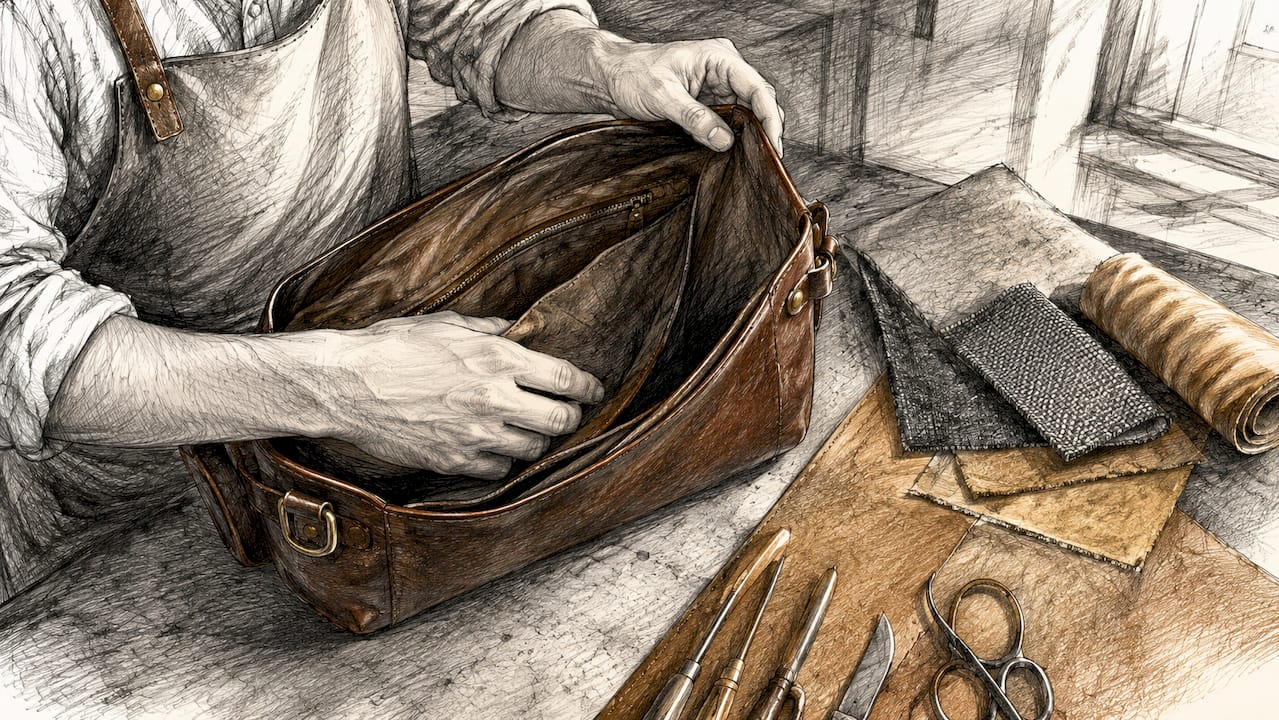 Hands inspecting suede and fabric linings inside leather bag