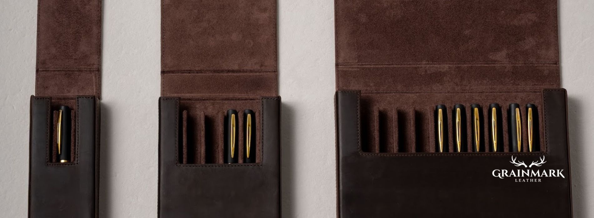 Leather pencil cases for students and professionals, featuring brown leather pen holders in multiple sizes