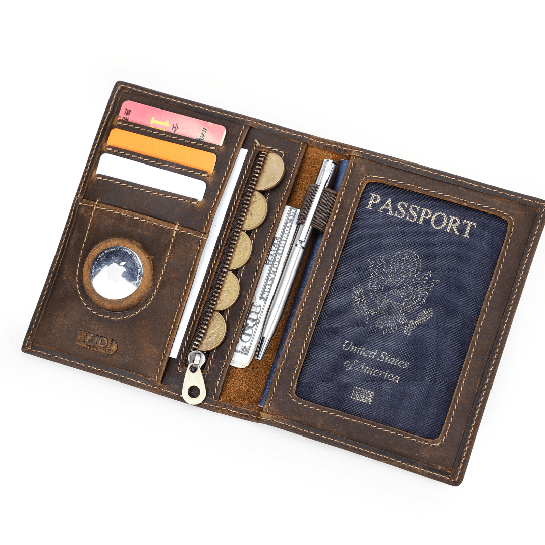 Vintage Leather Travel Passport Wallet with RFID and Coin Pocket