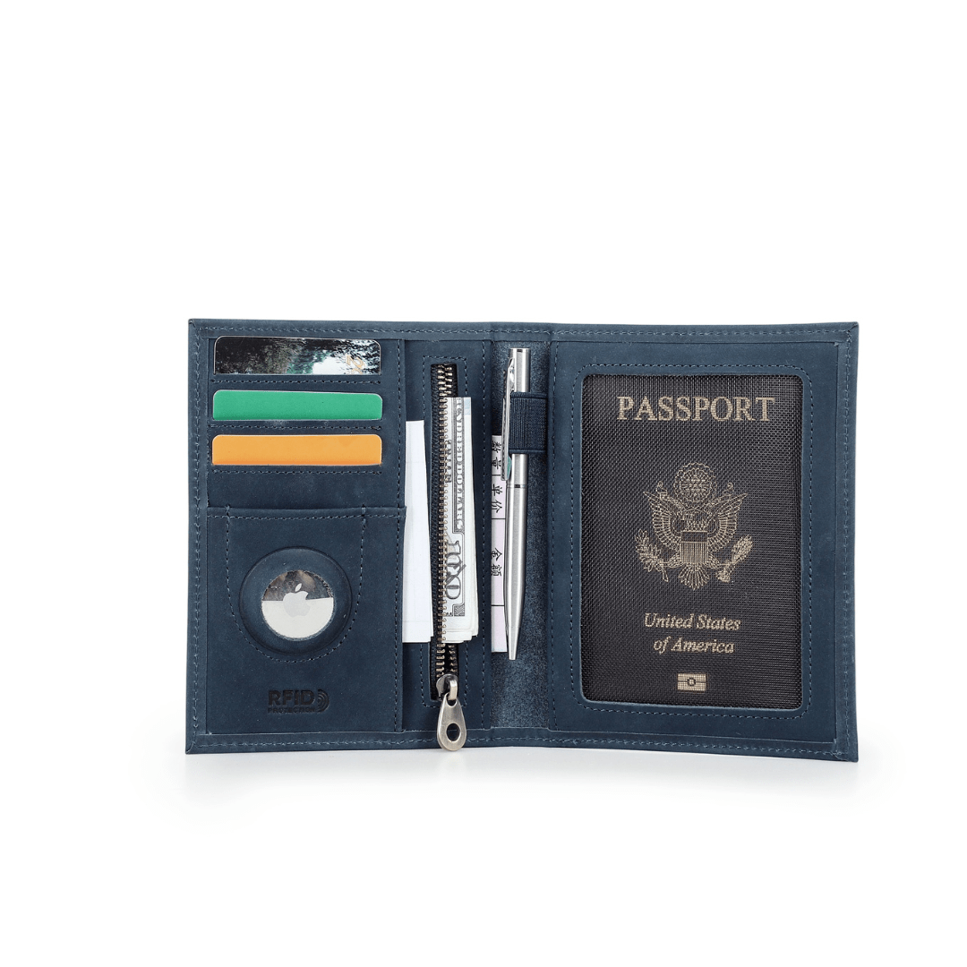 Vintage Leather Travel Passport Wallet with RFID and Coin Pocket