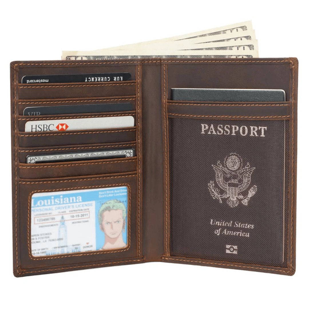 Genuine Leather Passport Holder RFID Blocking Travel Wallet – 3 Passport Slots, 7 Card Slots, ID Window, Banknote Pocket