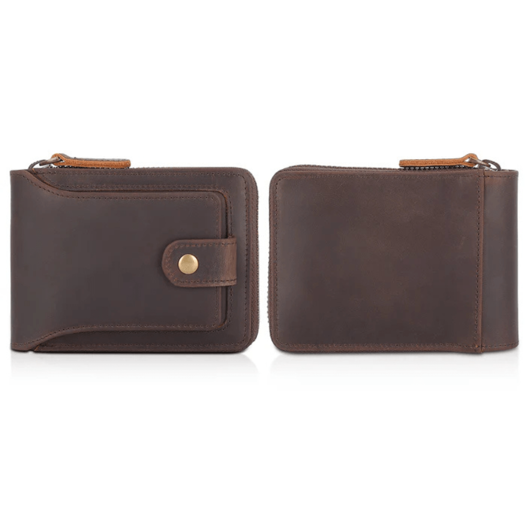 Vintage Leather Bifold Wallet with Zipper and RFID Protection