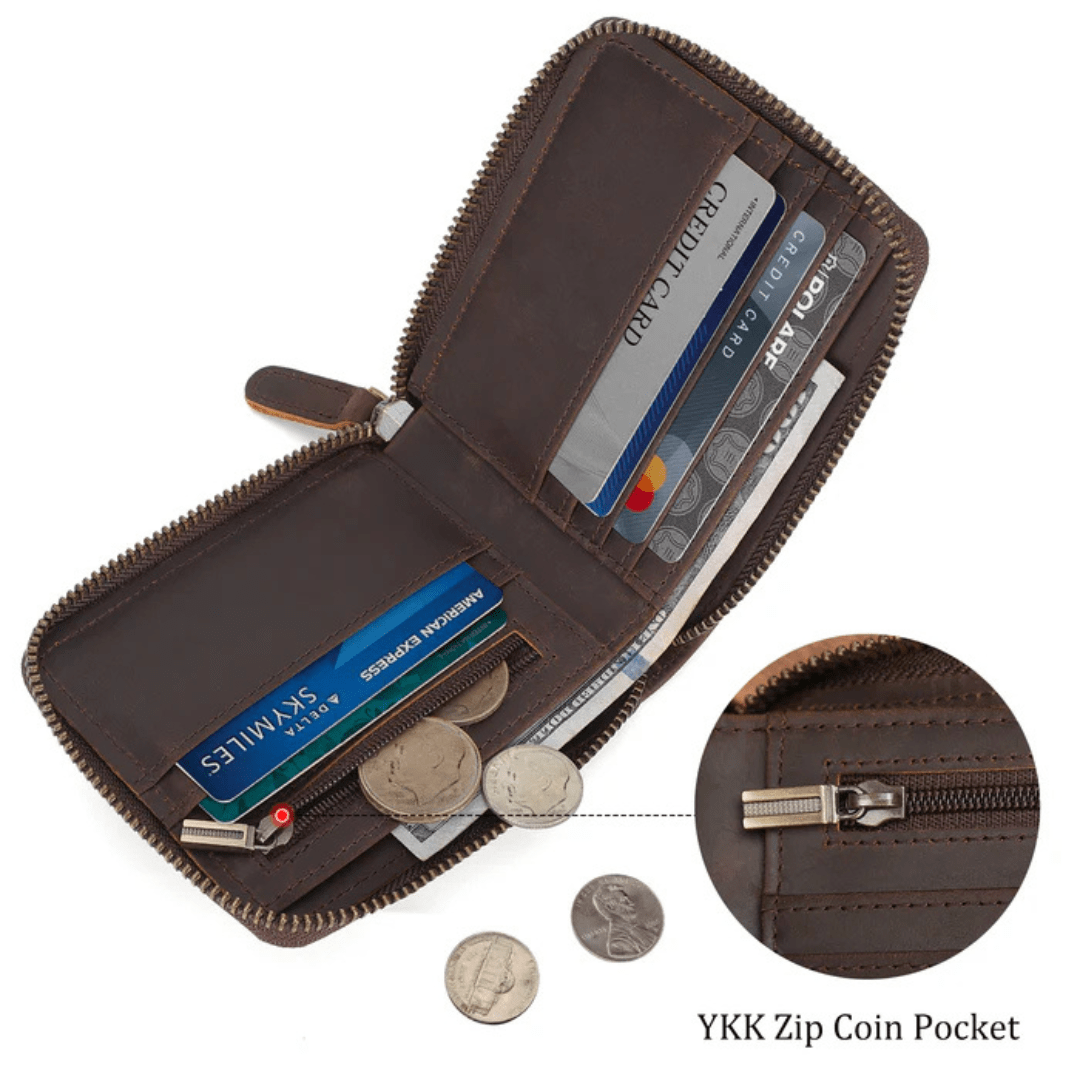 Vintage Leather Bifold Wallet with Zipper and RFID Protection