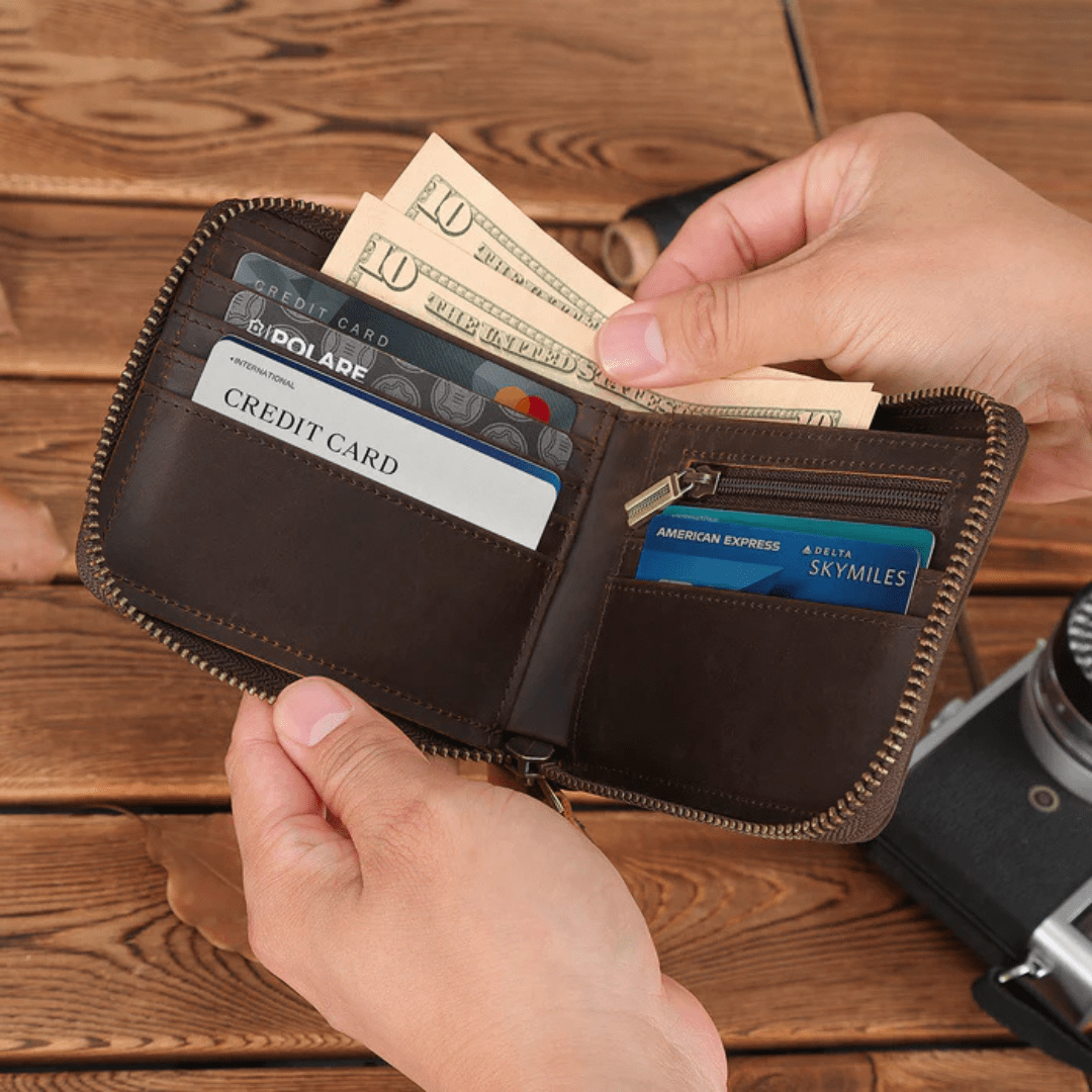 Vintage Leather Bifold Wallet with Zipper and RFID Protection