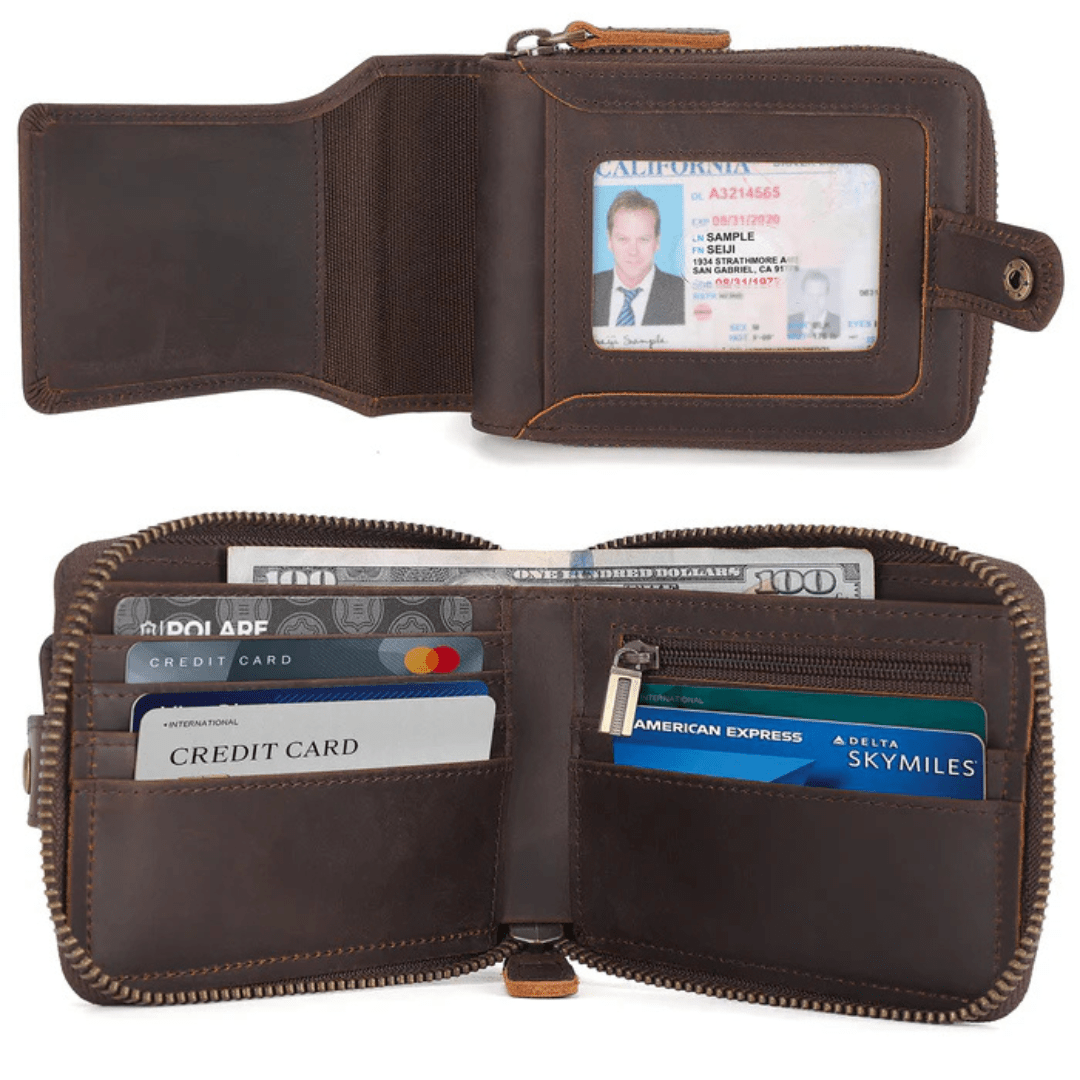 Vintage Leather Bifold Wallet with Zipper and RFID Protection