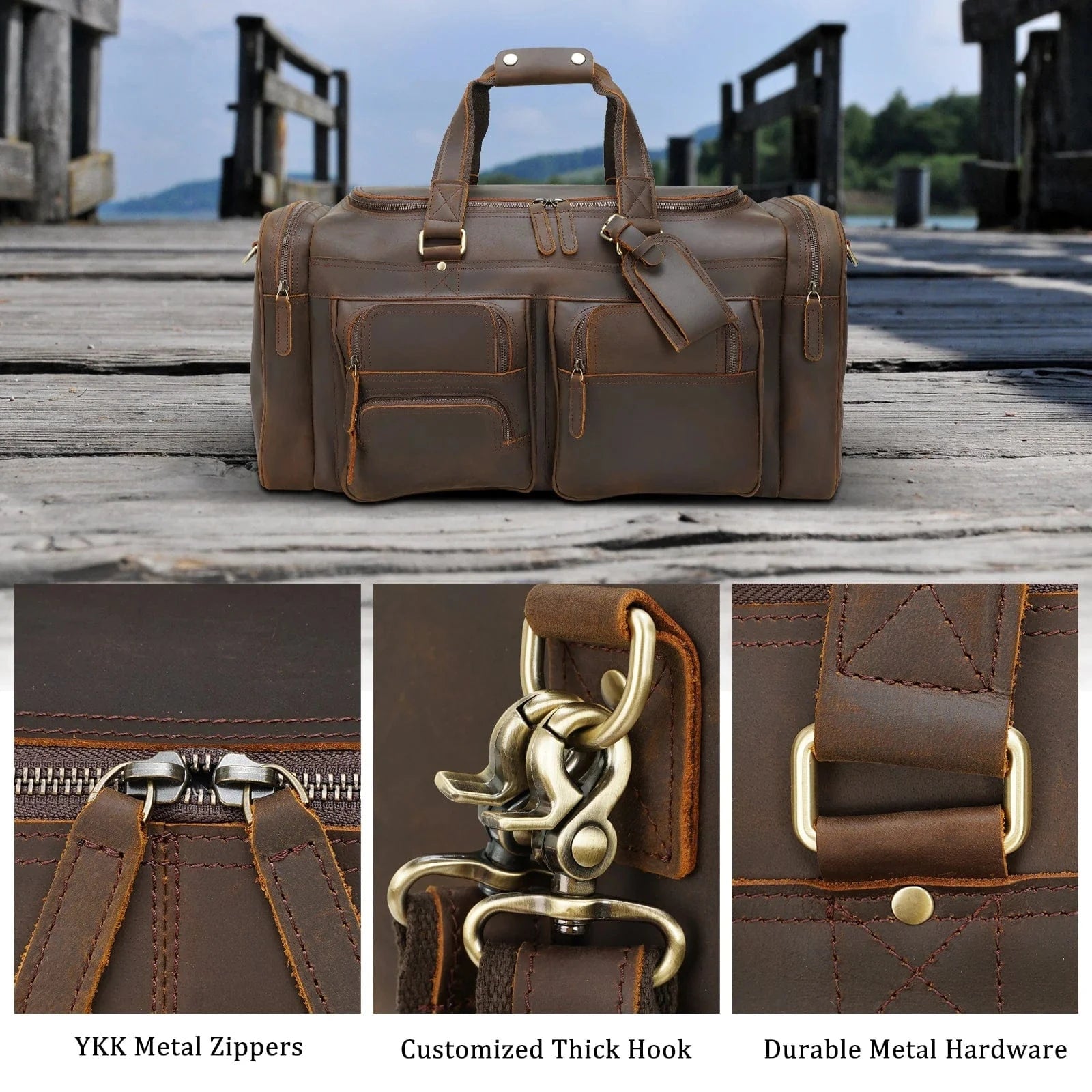 Grainmark 23"/26" Leather Duffel Weekender Travel Bag For Men With Full Grain Cowhide Leather 42L/56L