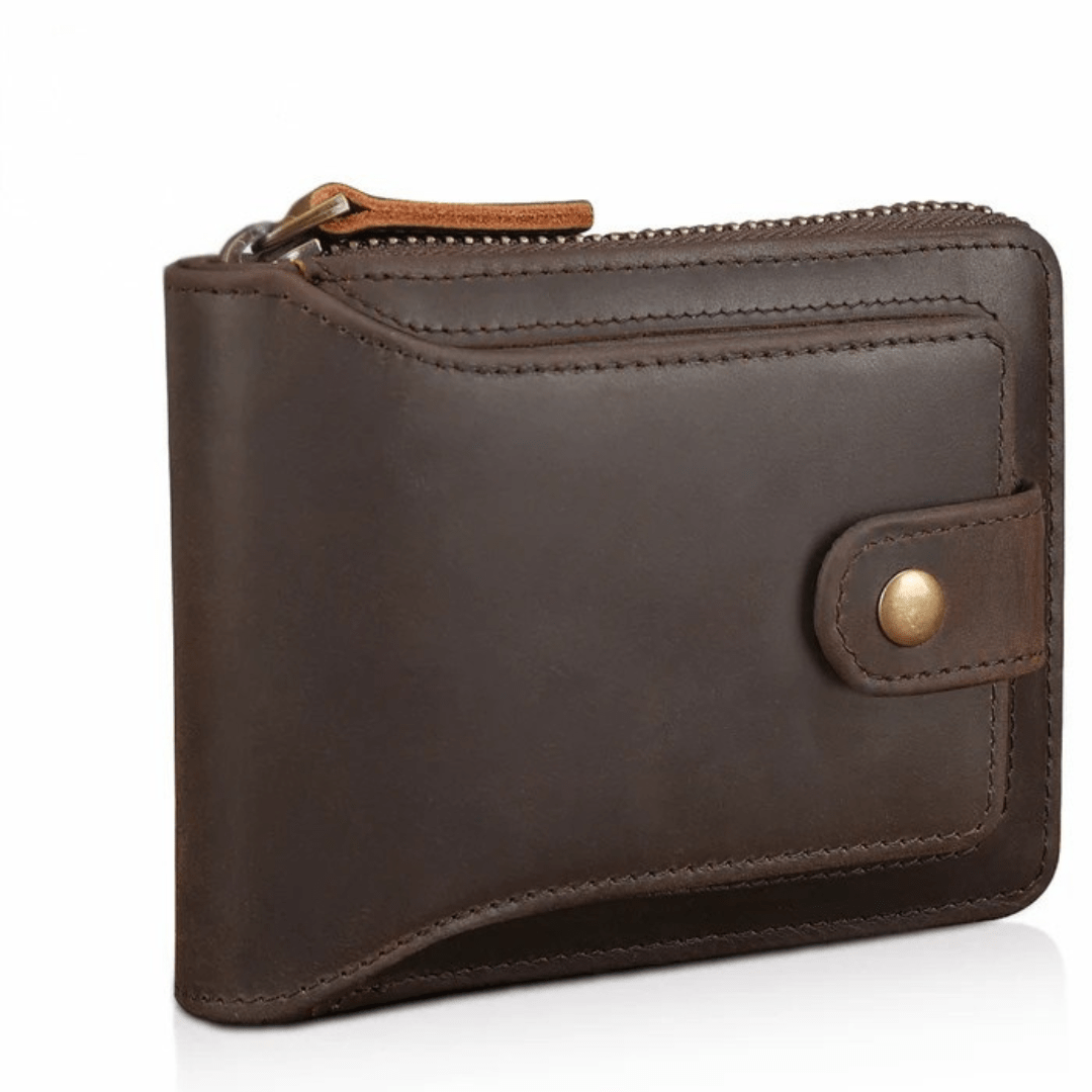 Vintage Leather Bifold Wallet with Zipper and RFID Protection