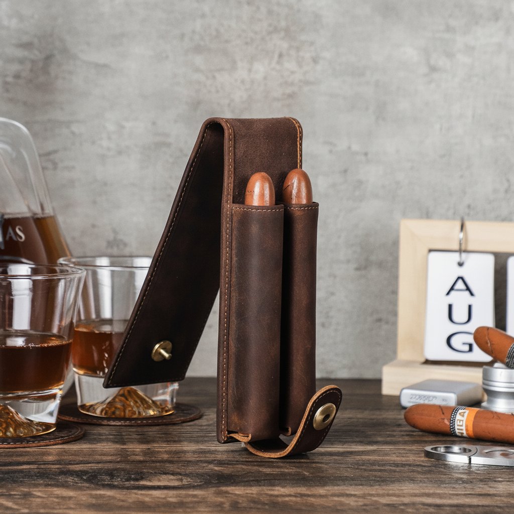 Coffee oil nubuck cigar case with inner pocket for a cigar cutter and a magnetic buckle