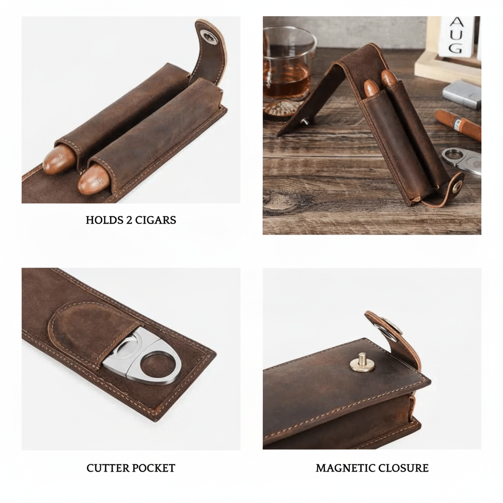 Leather travel humidor cigar case in coffee brown oil nubuck, slim design for pocket carry